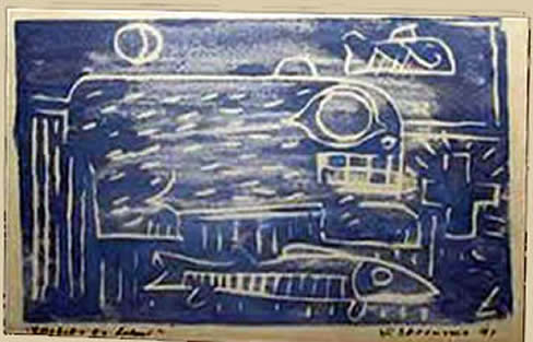 Jay Steensma - Signed wood block print on paper, blue fish