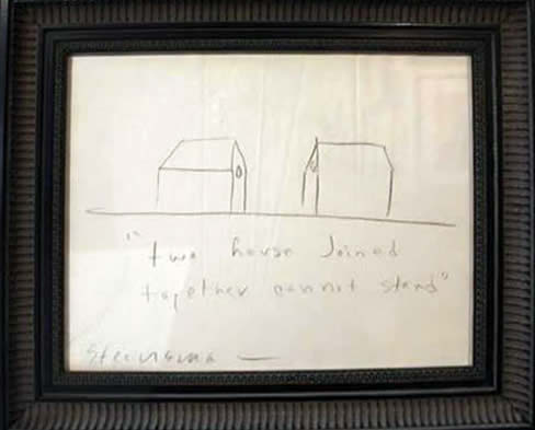 Jay Steensma Original Art - Two House Joined Together Can Not Stand 12"x16" Signed Drawing on Paper Framed $750