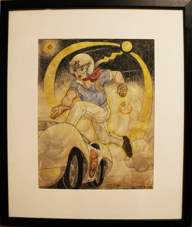 "Speed Racer" Hand painted pencil drawing on paper in shadow box frame by Walter Fydryck