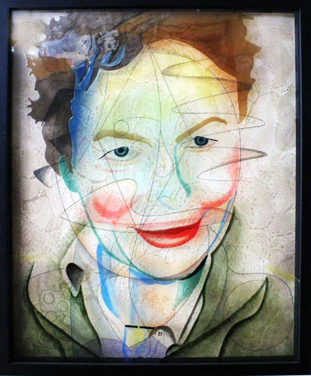 Laurie Anderson Hand painted infused glass and pencil drawing on paper in shadow box frame by Walter Fydryck