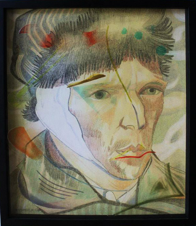 "Van Gogh" Hand painted infused glass and pencil drawing on paper in shadow box frame by Walter Fydryck