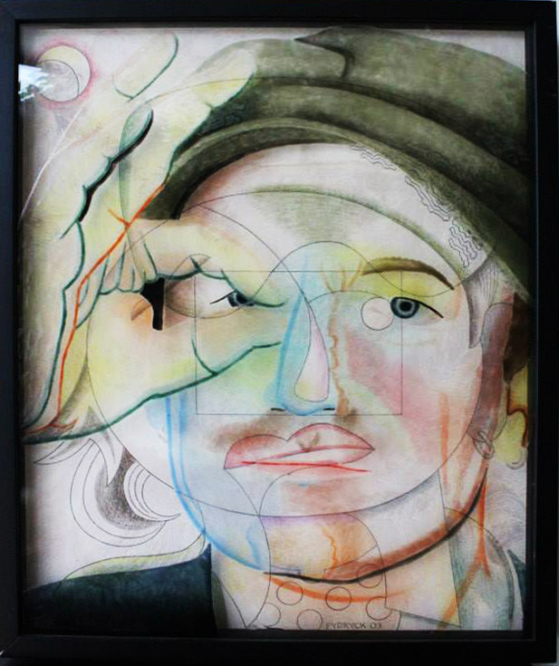 "Bono" Hand painted infused glass and pencil drawing on paper in shadow box frame by Walter Fydryck