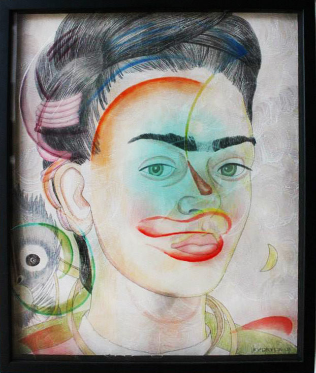 "Frida Kahlo" Hand painted infused glass and pencil drawing on paper in shadow box frame by Walter Fydryck