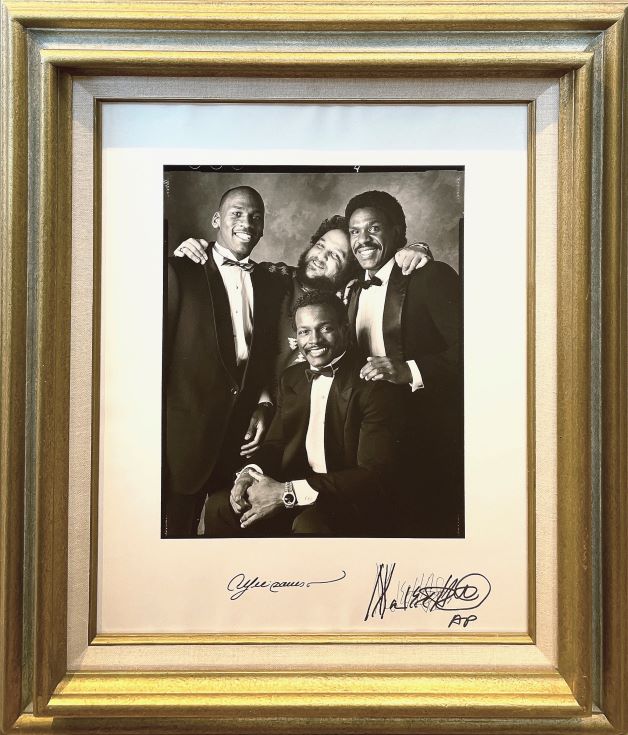 Michael Jordan, M. Hauser, Andre Dawson & Walter Payton 28” x 24” Silver Gelatin Fiber Print framed in gold, hand signed by Andre Dawson
