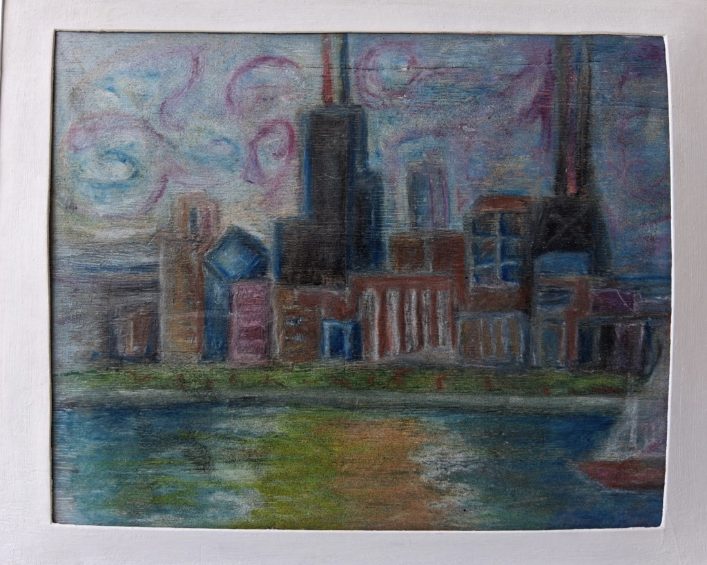 Cityscape #1, Acrylic, Colored Pastel and Paint marker on wood. 20 1/4" x 16 1/4" framed, $450