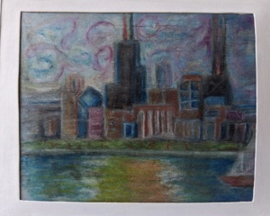 Cityscape #1, Acrylic, Colored Pastel and Paint marker on wood. 20 1/4" x 16 1/4" framed, $450