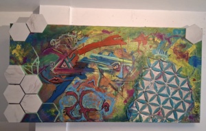 Couple of Dudes and a Dragon, Mixed Media, Acrylic paint and tile on canvas, 17" x 30 2/4", $450