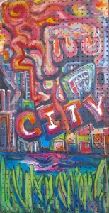 City, Acrylic, Paint marker, Glitter paint on Peg board, 48 1/8" x 24 1/8", $500