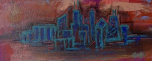 Cityscape #3, Acrylic Paint and Paint marker on wooden panel, 11 2/4" x 27 1/2", $350