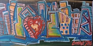 Cityscape #2, Acrylic paint and paint marker, 20 3/4" x 41 1/4" framed, $500