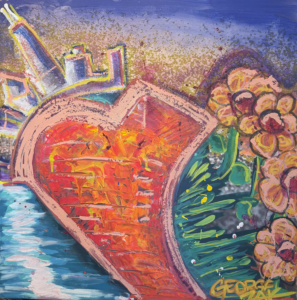 Cityscape #6, Acrylic, Paint marker, Glitter on canvas, 23 3/4 x 23 1/2, $450