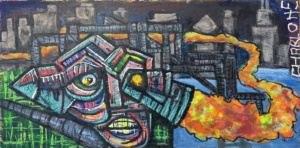 Cityscape #7, Acrylic and Paint marker on board, 23"x47 3/4", $500