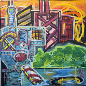 Wickerpark Cityscape #2, Acrylic and Paint marker, 40"x40" framed, $500