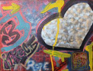 Between the Cheeks, Brushed aluminum, Paint marker and glitter on canvas, $100